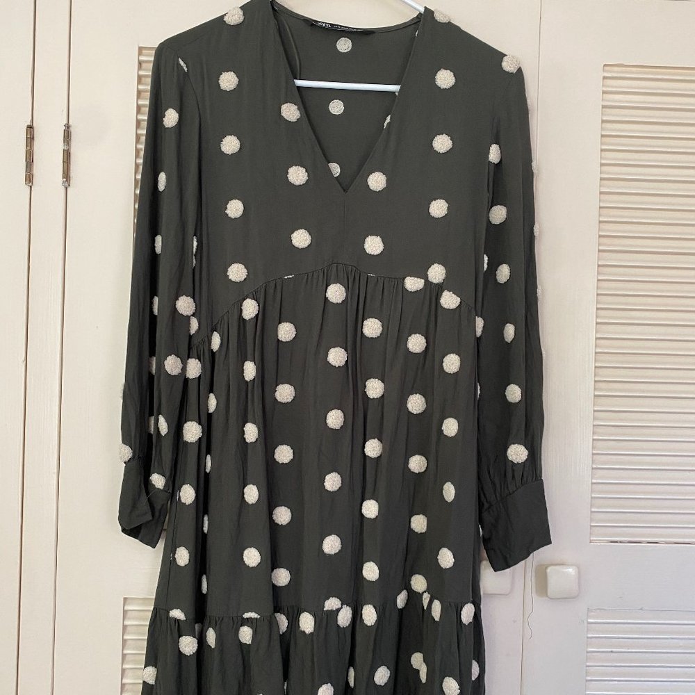 Olive Green and White Textured Polka Dot Dress w/ Sleeves from Zara